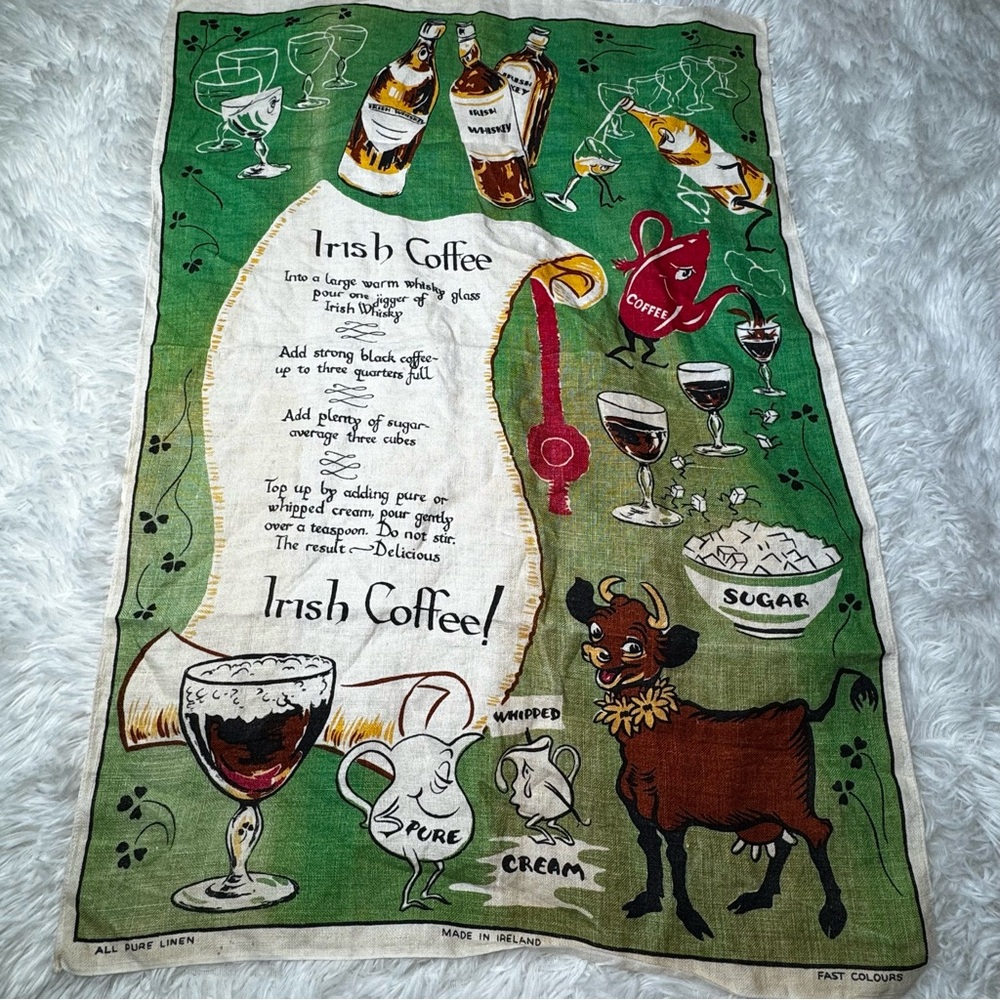 Vintage Irish Coffee Recipe Pure Linen Dishtowel